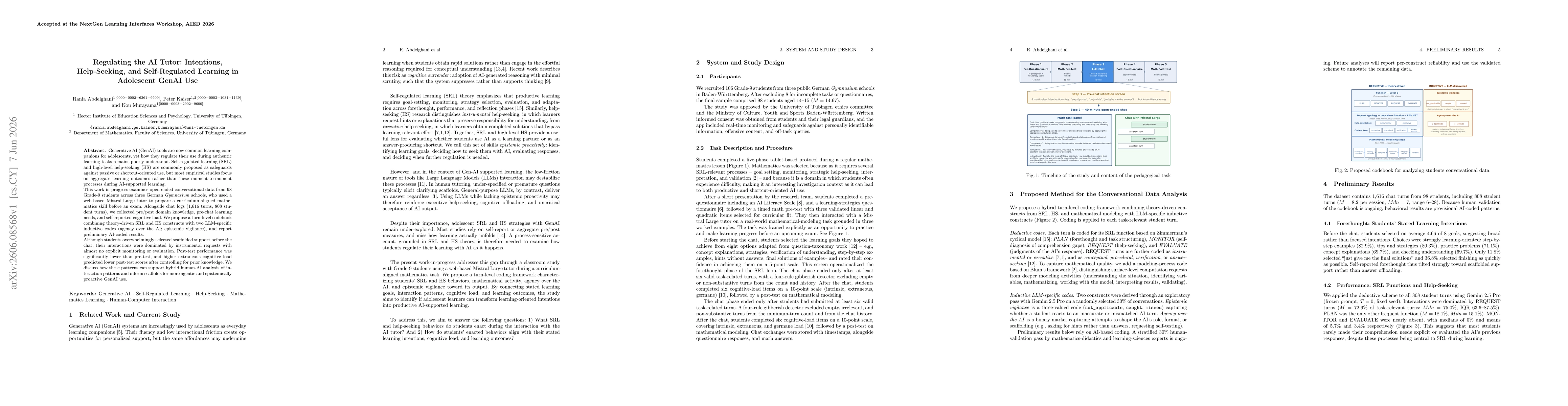 Thumbnail for Regulating the AI Tutor: Intentions, Help-Seeking, and Self-Regulated Learning in Adolescent GenAI Use