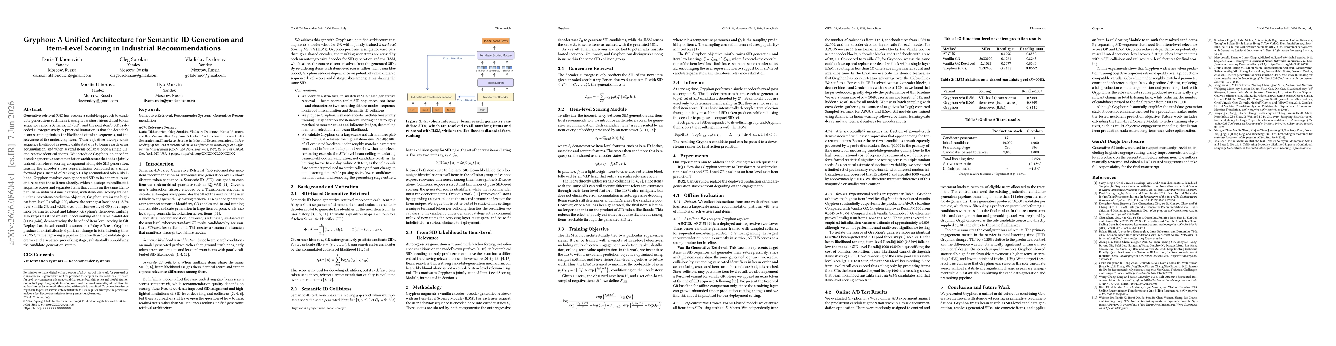 Thumbnail for Gryphon: A Unified Architecture for Semantic-ID Generation and Item-Level Scoring in Industrial Recommendations