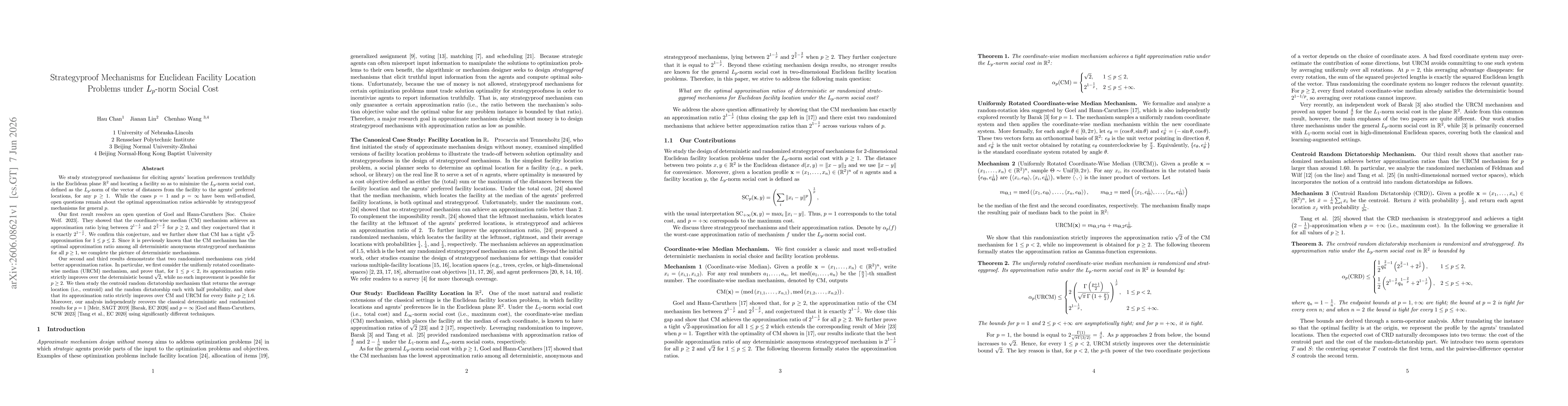 Thumbnail for Strategyproof Mechanisms for Euclidean Facility Location Problems under $L_p$-norm Social Cost