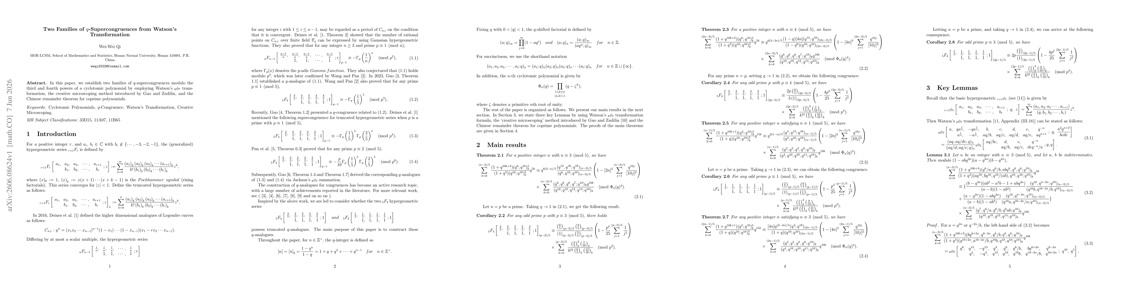 Thumbnail for Two Families of $q$-Supercongruences from Watson's Transformation