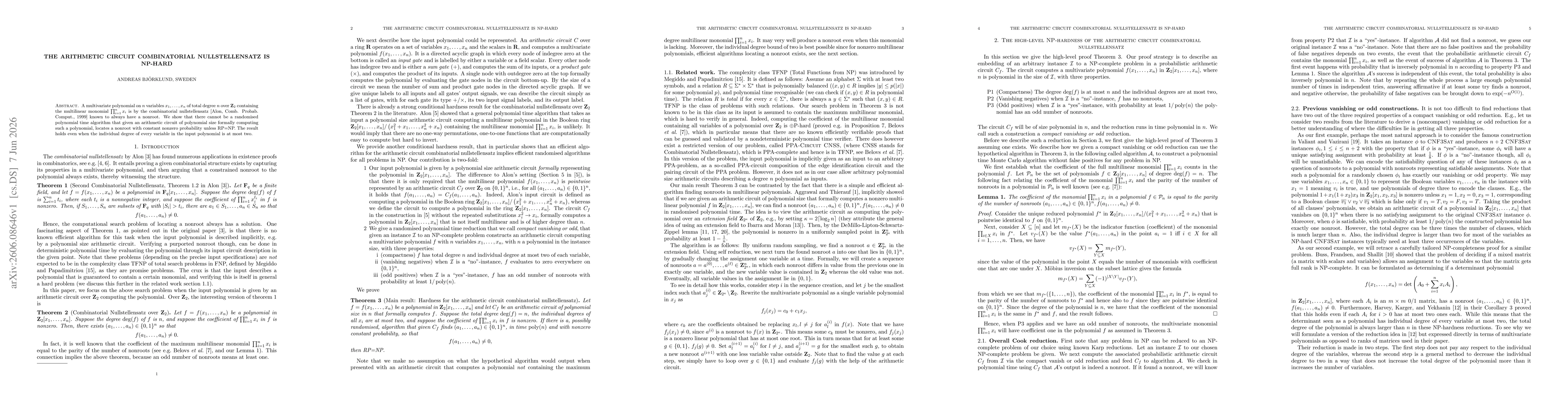 Thumbnail for The Arithmetic Circuit Combinatorial Nullstellensatz is NP-hard