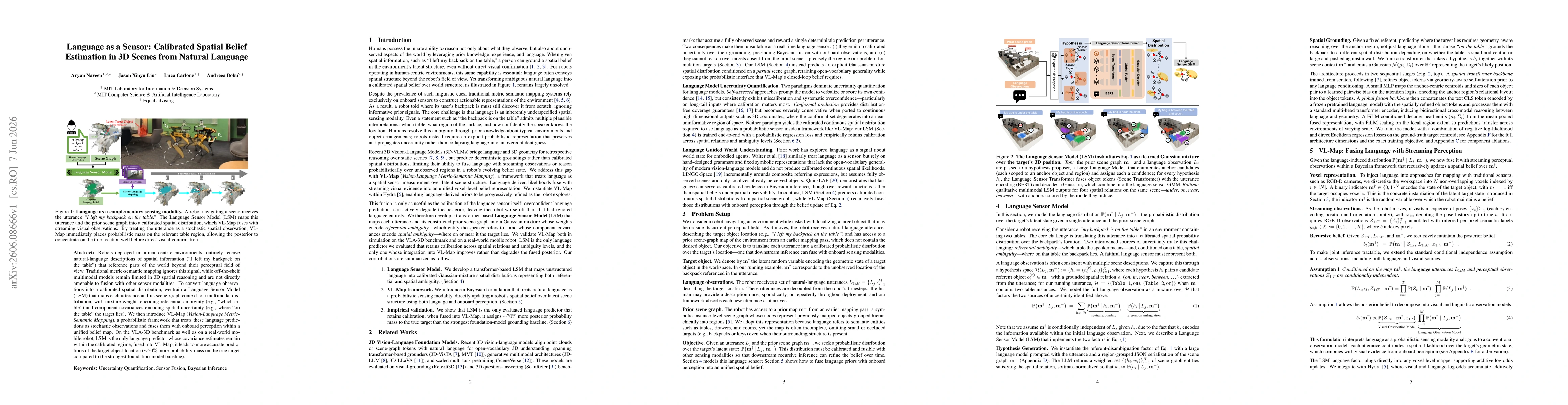Thumbnail for Language as a Sensor: Calibrated Spatial Belief Estimation in 3D Scenes from Natural Language