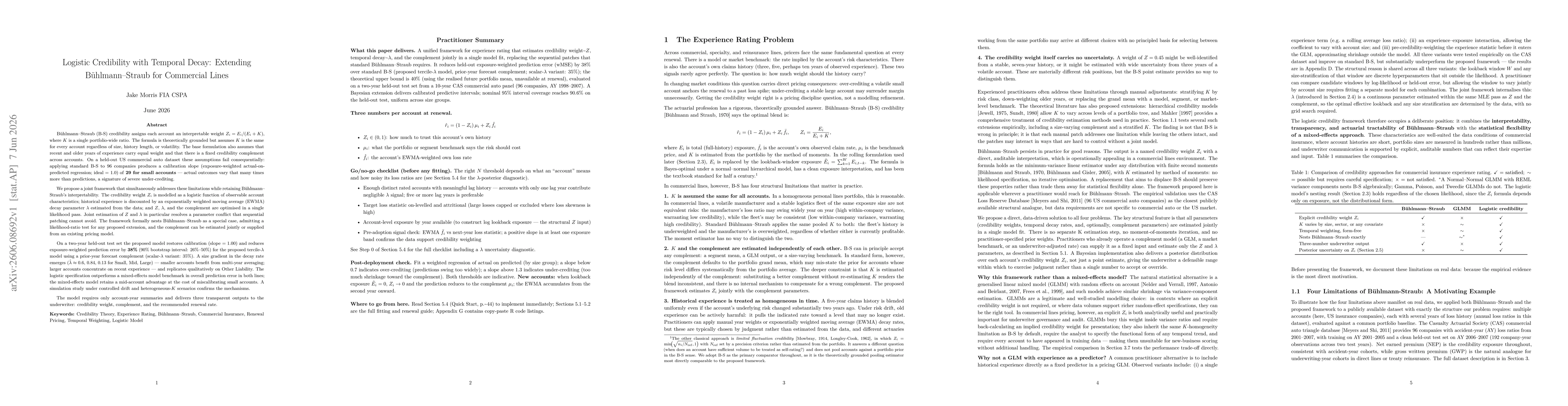 Thumbnail for Logistic Credibility with Temporal Decay: Extending Bühlmann--Straub for Commercial Lines