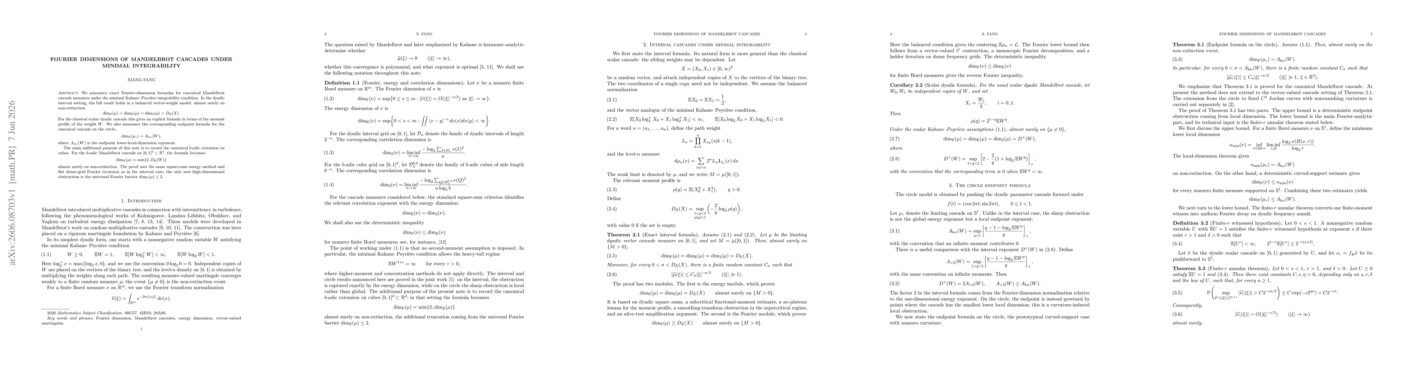 Thumbnail for Fourier Dimensions of Mandelbrot Cascades under Minimal Integrability