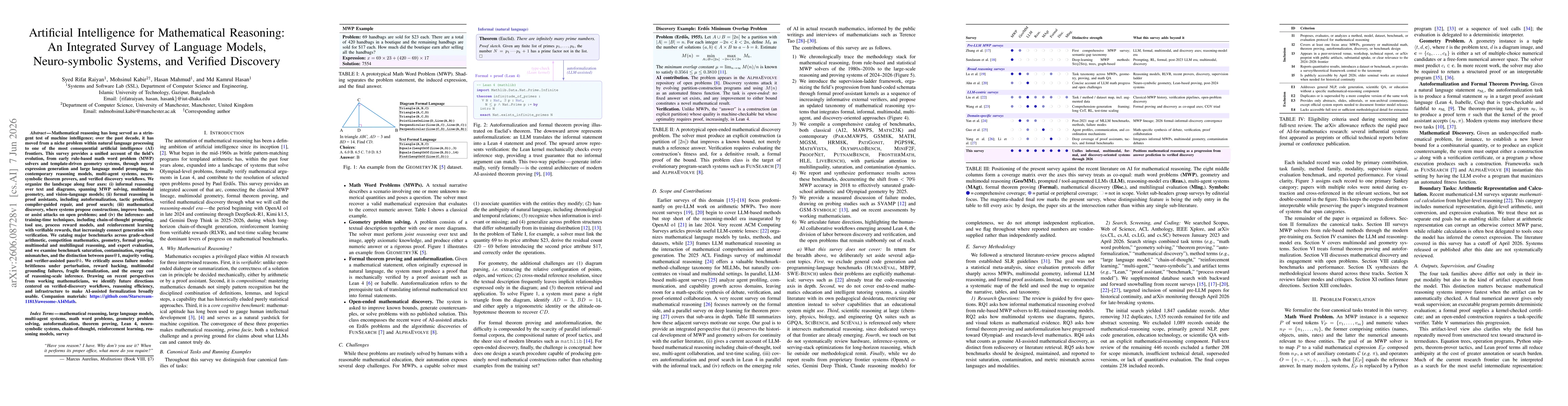 Thumbnail for Artificial Intelligence for Mathematical Reasoning: An Integrated Survey of Language Models, Neuro-symbolic Systems, and Verified Discovery