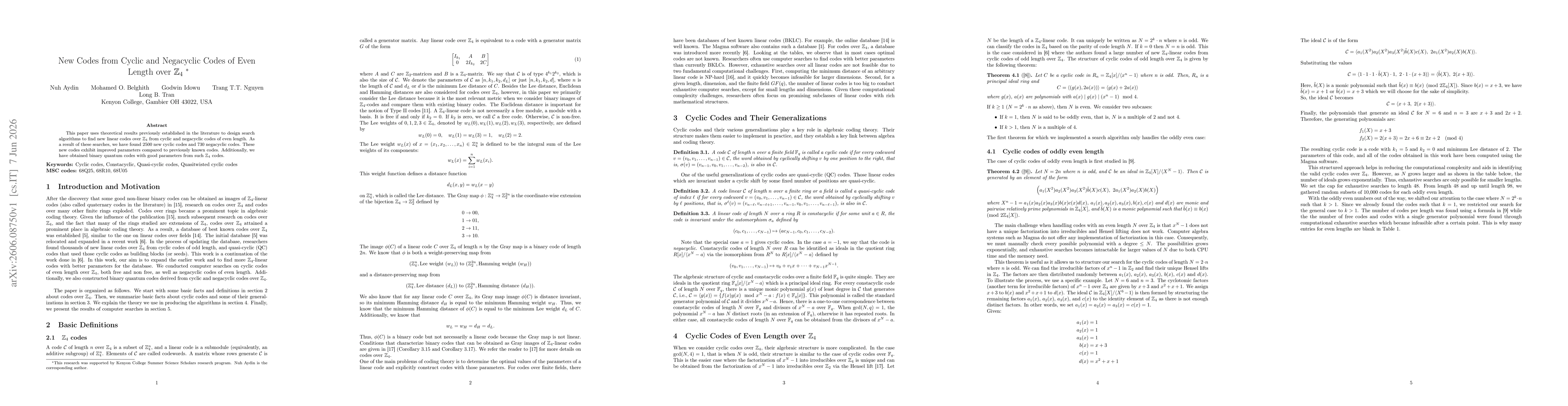 Thumbnail for New Codes from Cyclic and Negacyclic Codes of Even Length over $\mathbb{Z}_4$