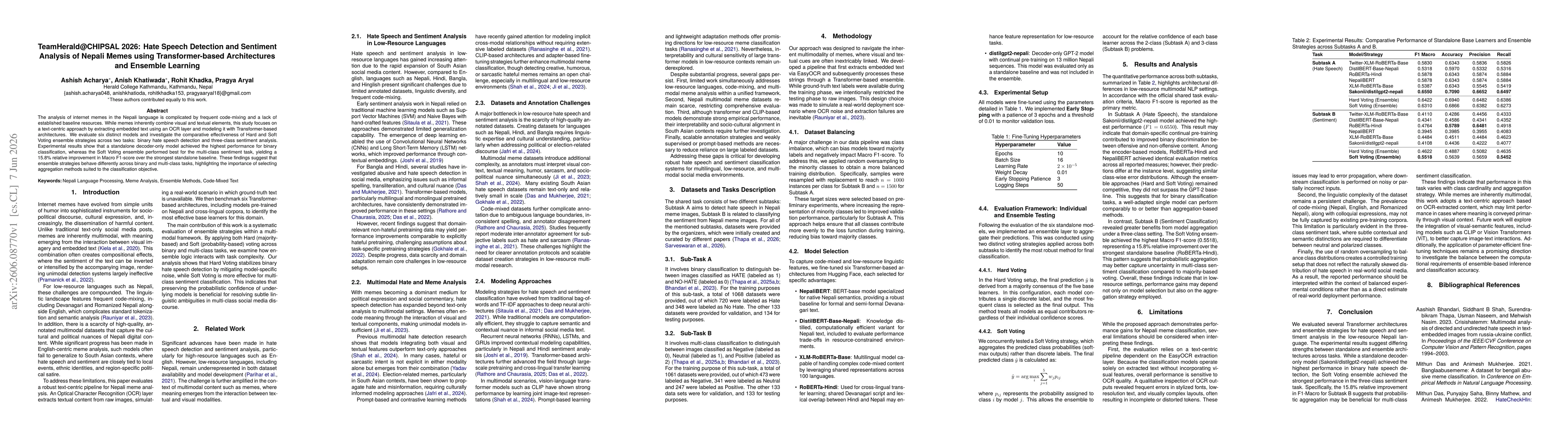 Thumbnail for TeamHerald@CHIPSAL 2026: Hate Speech Detection and Sentiment Analysis of Nepali Memes using Transformer-based Architectures and Ensemble Learning
