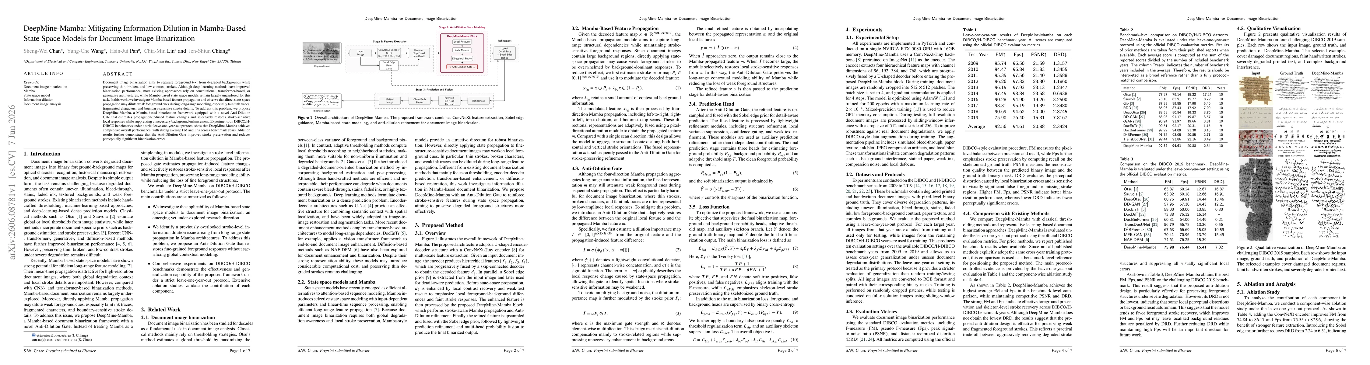 Thumbnail for DeepMine-Mamba: Mitigating Information Dilution in Mamba-Based State Space Models for Document Image Binarization