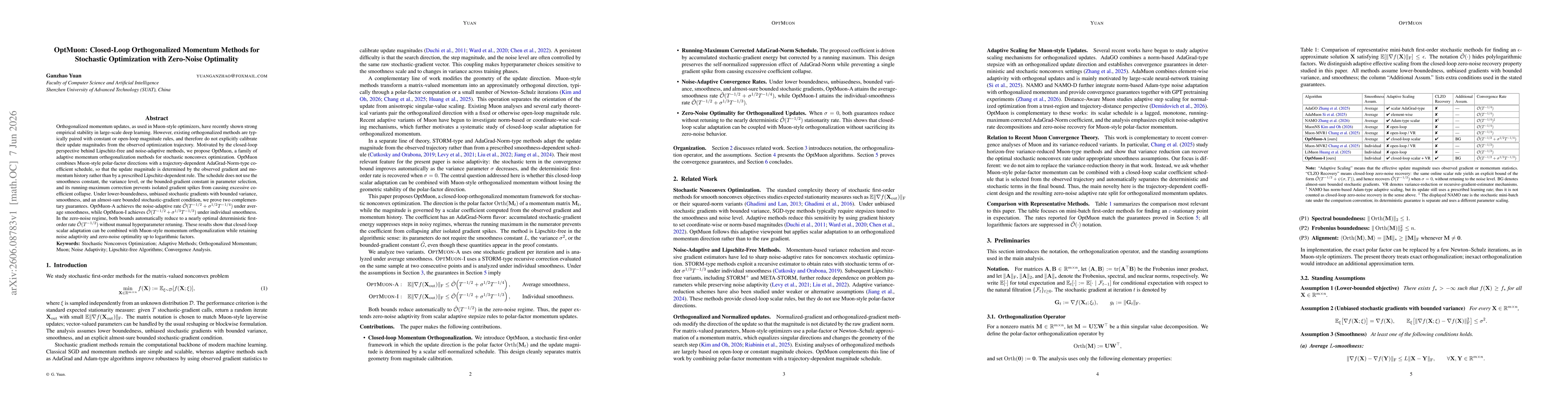 Thumbnail for OptMuon: Closed-Loop Orthogonalized Momentum Methods for Stochastic Optimization with Zero-Noise Optimality