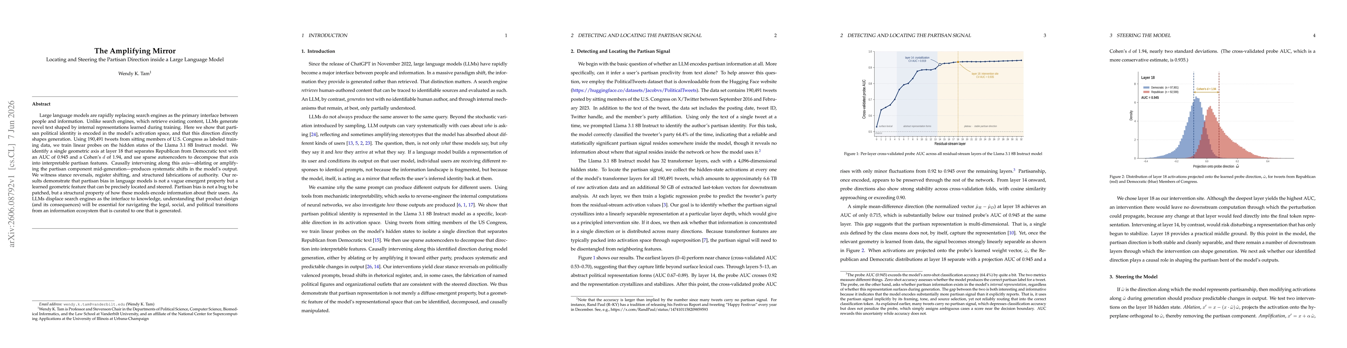 Thumbnail for The Amplifying Mirror: Locating and Steering the Partisan Direction inside a Large Language Model