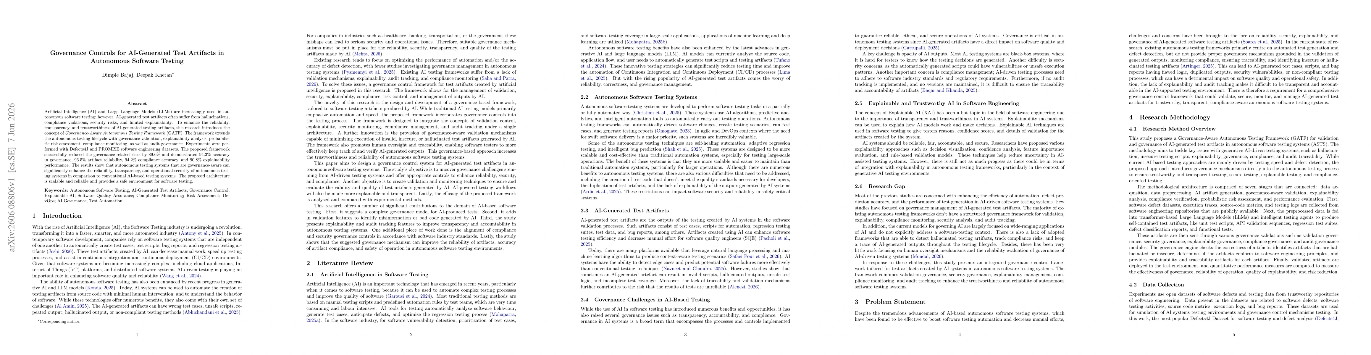 Thumbnail for Governance Controls for AI-Generated Test Artifacts in Autonomous Software Testing