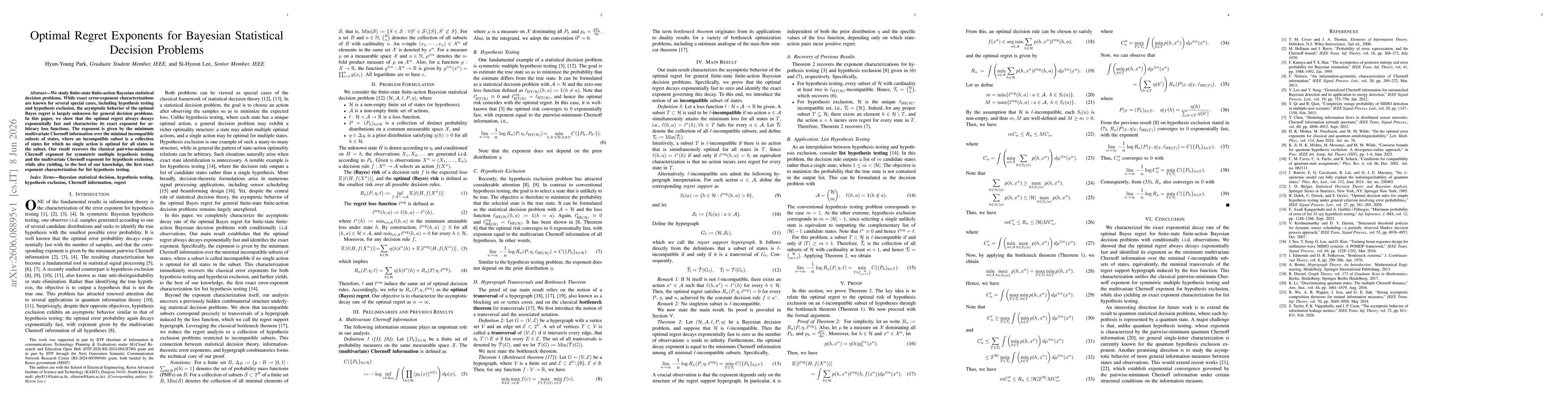 Thumbnail for Optimal Regret Exponents for Bayesian Statistical Decision Problems