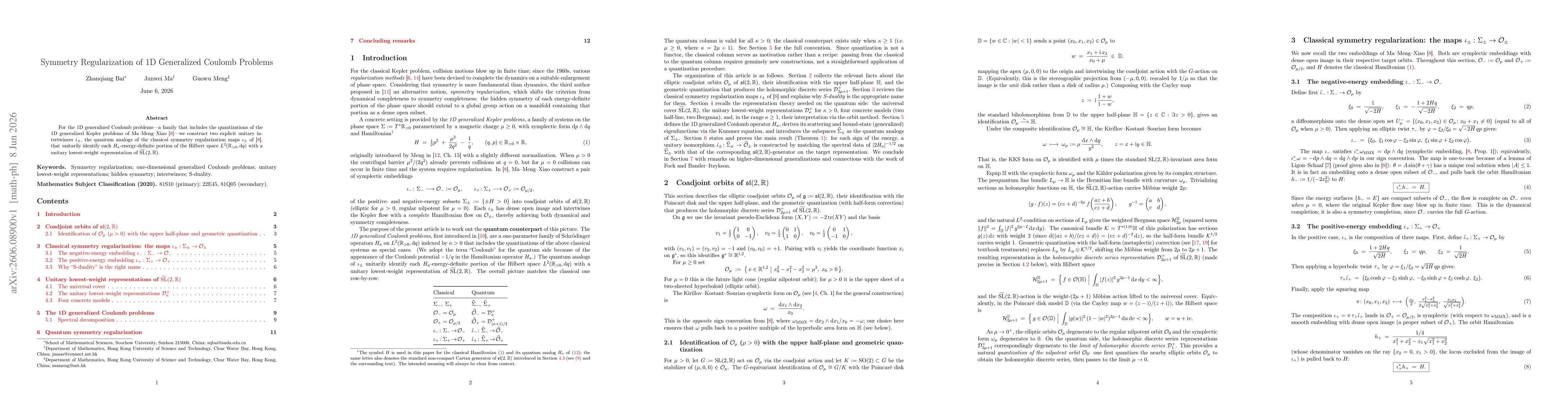 Thumbnail for Symmetry Regularization of 1D Generalized Coulomb Problems