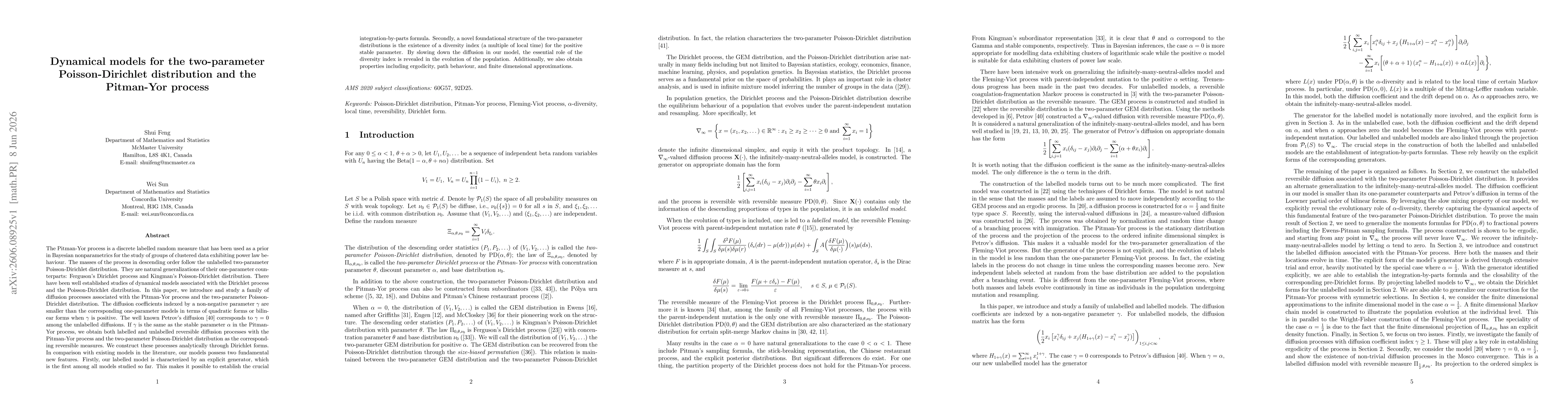 Thumbnail for Dynamical models for the two-parameter Poisson-Dirichlet distribution and the Pitman-Yor process