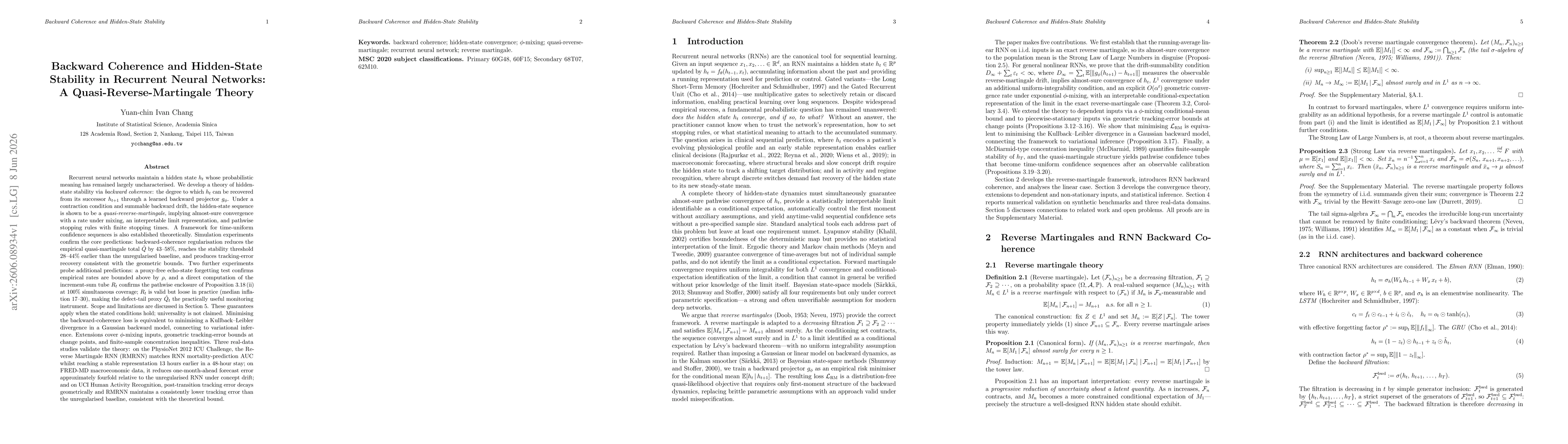 Thumbnail for Backward Coherence and Hidden-State Stability in Recurrent Neural Networks: A Quasi-Reverse-Martingale Theory