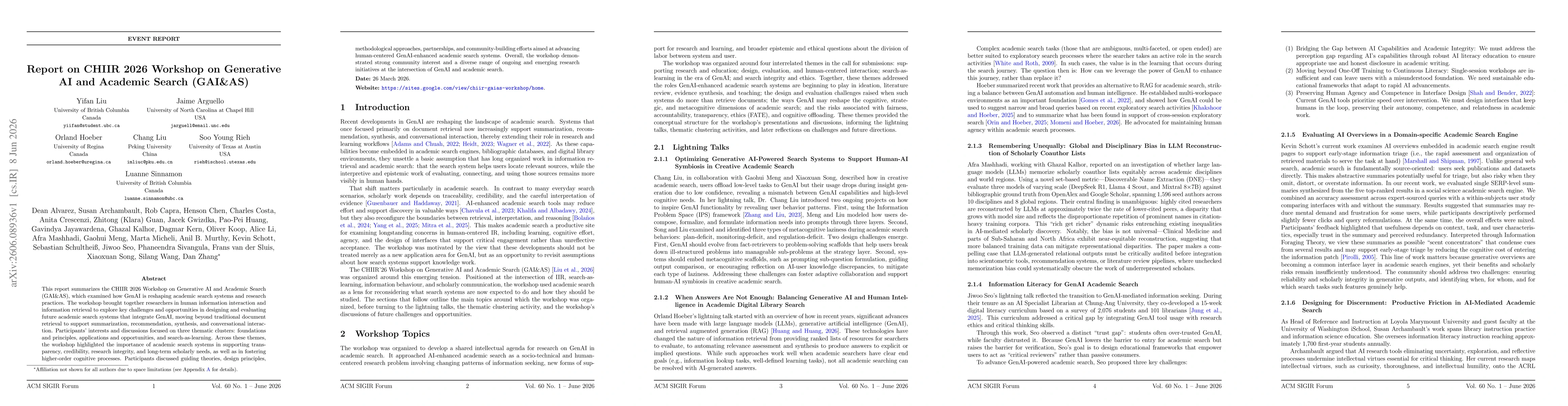 Thumbnail for Report on CHIIR 2026 Workshop on Generative AI and Academic Search (GAI&AS)