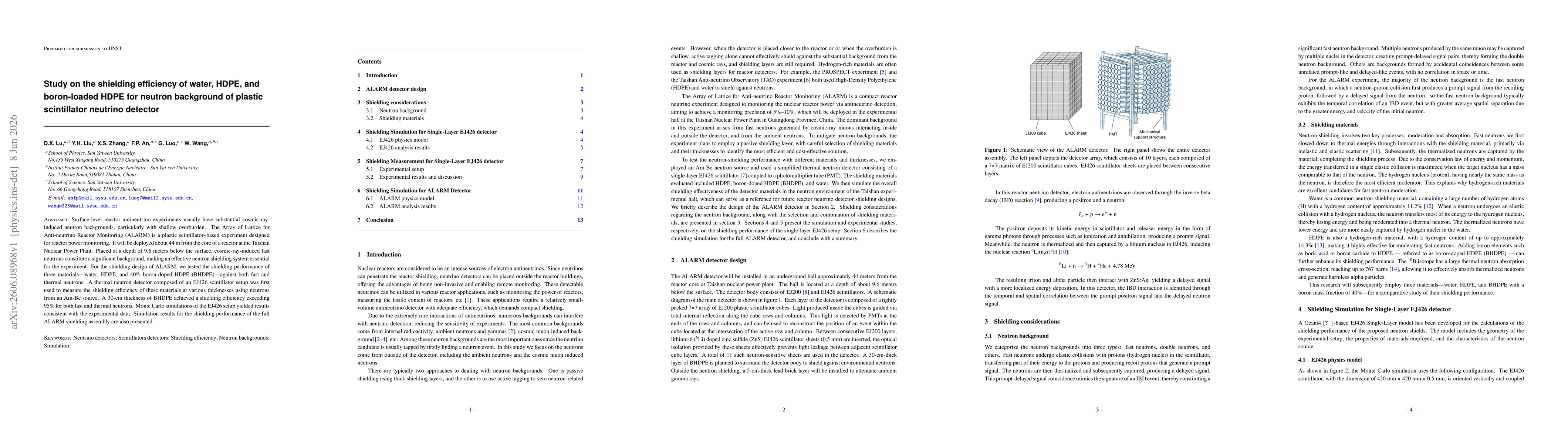 Thumbnail for Study on the shielding efficiency of water, HDPE, and boron-loaded HDPE for neutron background of plastic scintillator neutrino detector