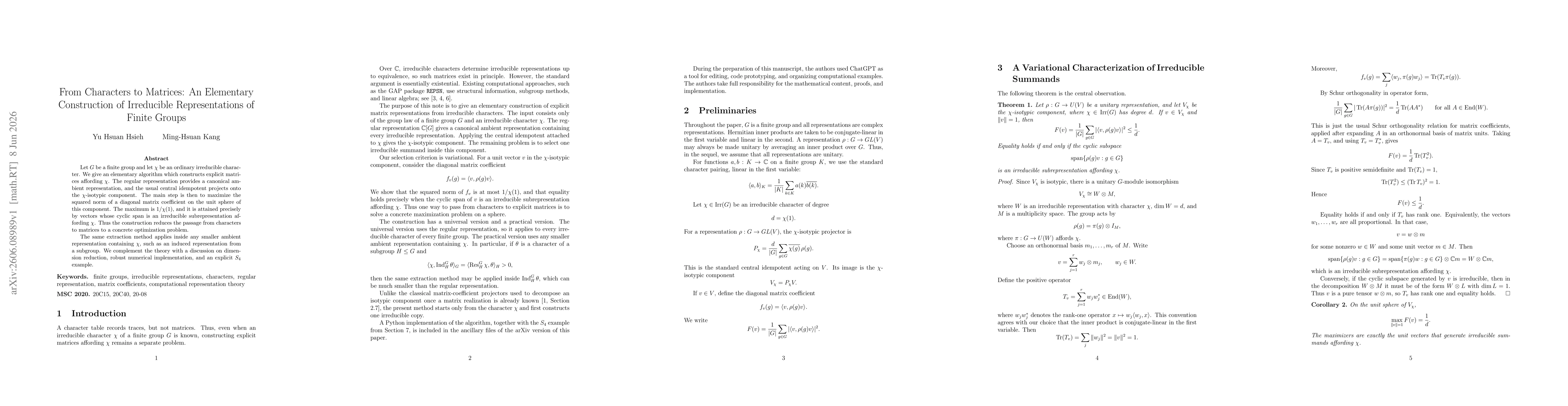 Thumbnail for From Characters to Matrices: An Elementary Construction of Irreducible Representations of Finite Groups