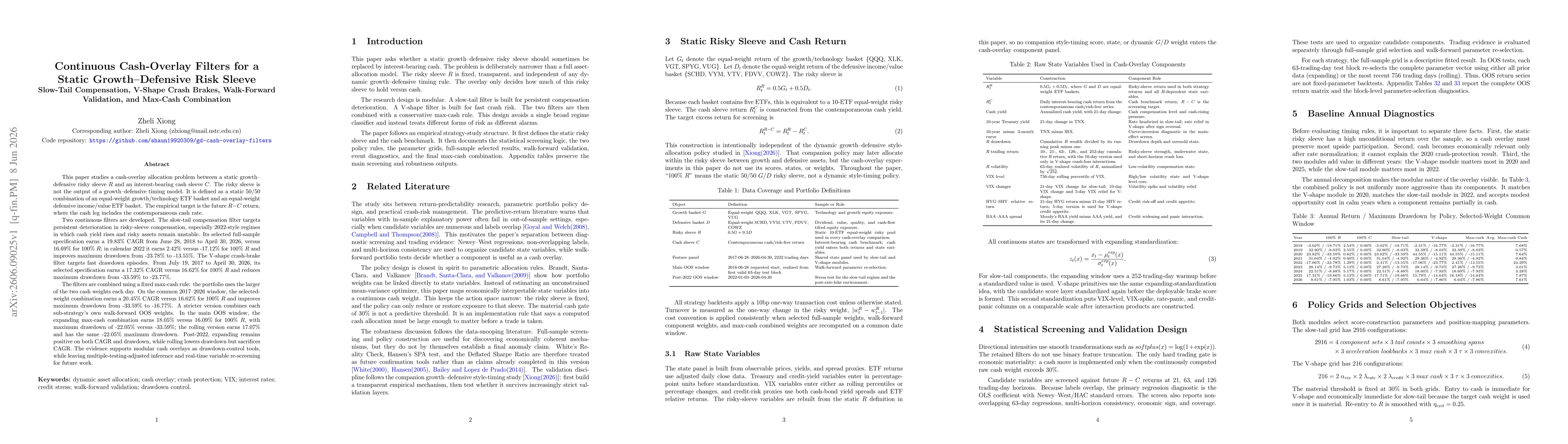 Thumbnail for Continuous Cash-Overlay Filters for a Static Growth--Defensive Risk Sleeve: Slow-Tail Compensation, V-Shape Crash Brakes, Walk-Forward Validation, and Max-Cash Combination