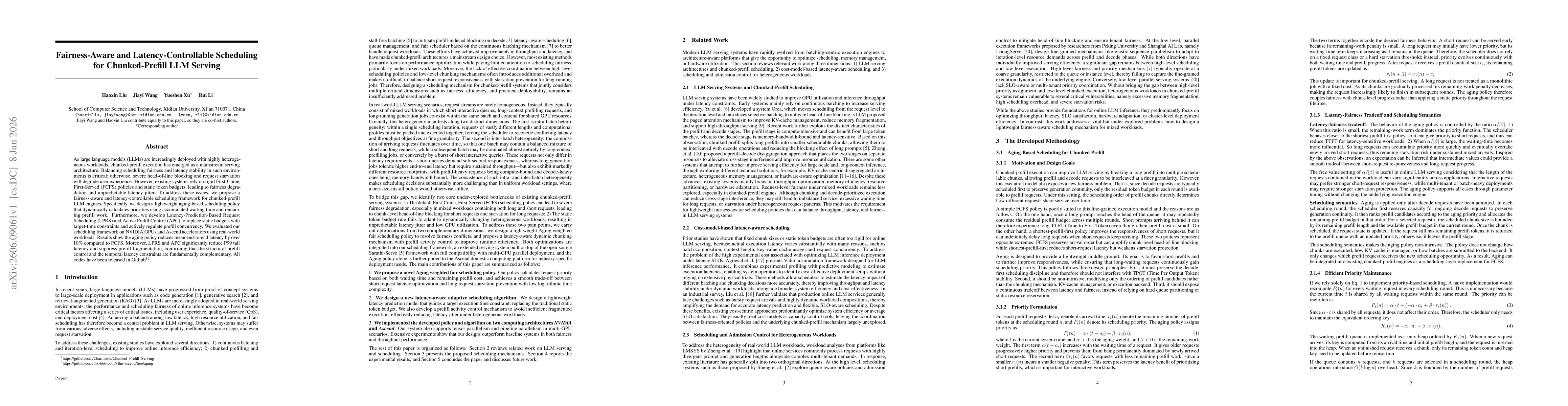 Thumbnail for Fairness-Aware and Latency-Controllable Scheduling for Chunked-Prefill LLM Serving