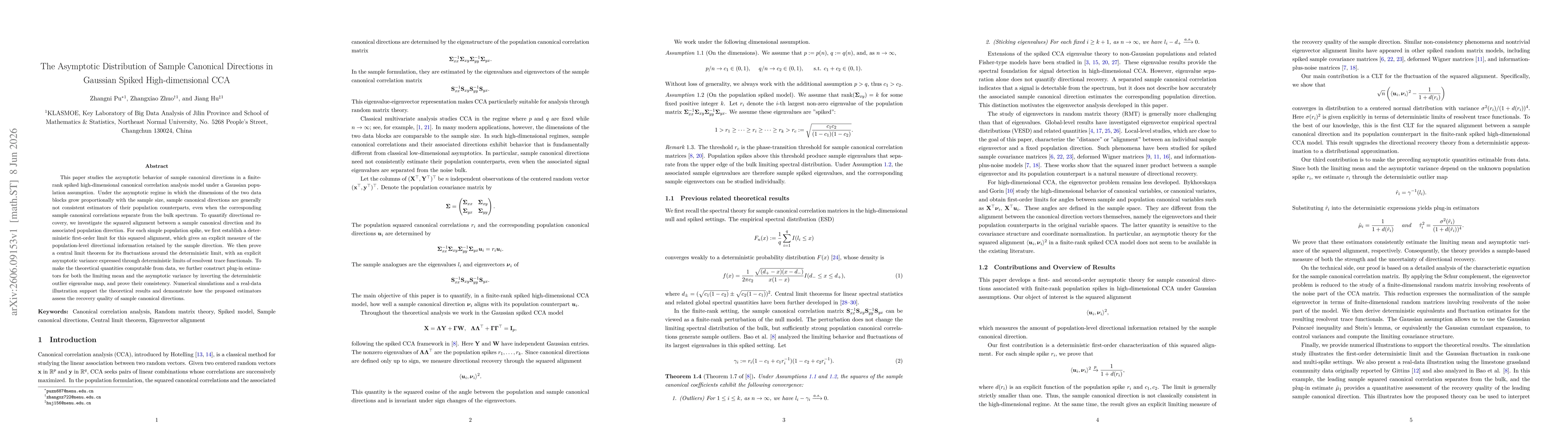 Thumbnail for The Asymptotic Distribution of Sample Canonical Directions in Gaussian Spiked High-dimensional CCA