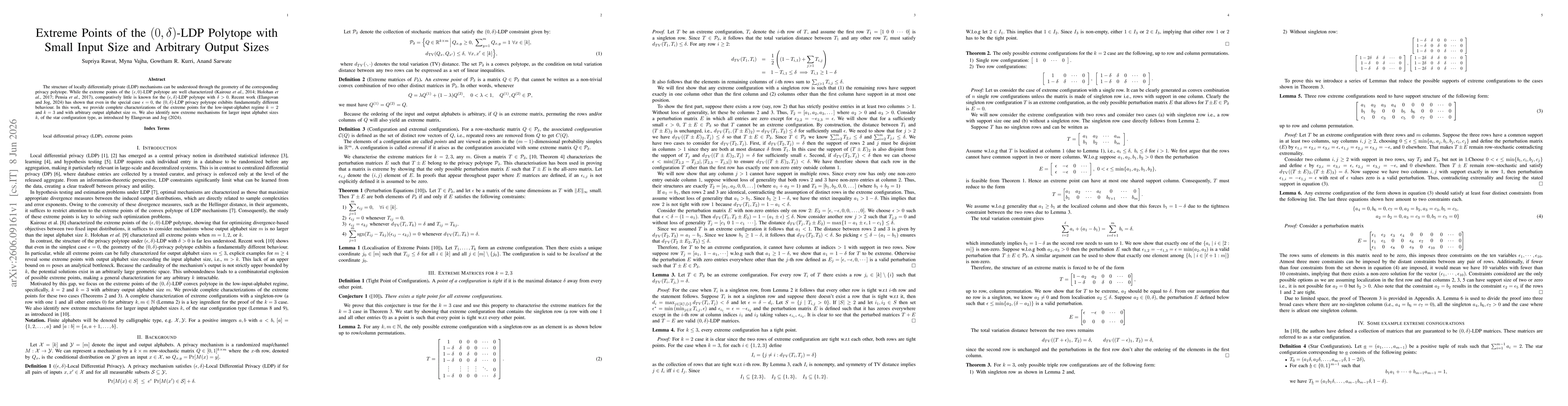 Thumbnail for Extreme Points of the $(0,δ)$-LDP Polytope with Small Input Size and Arbitrary Output Sizes