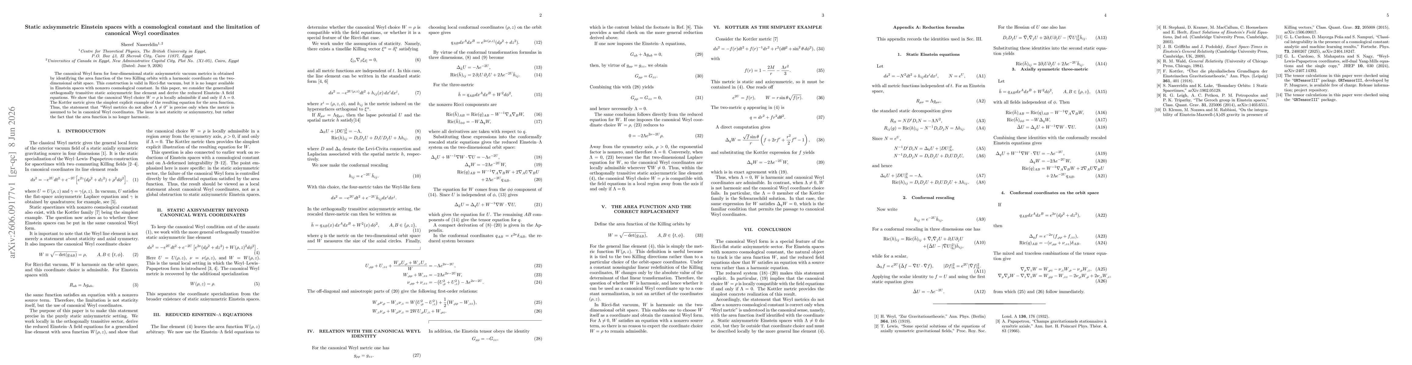 Thumbnail for Static axisymmetric Einstein spaces with a cosmological constant and the limitation of canonical Weyl coordinates