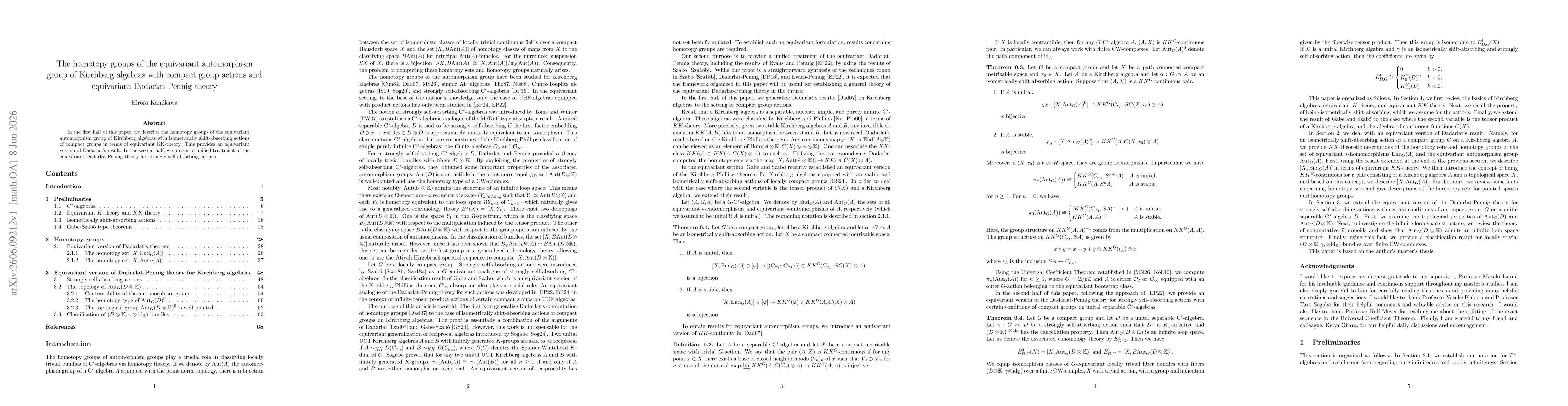 Thumbnail for The homotopy groups of the equivariant automorphism group of Kirchberg algebras with compact group actions and equivariant Dadarlat-Pennig theory