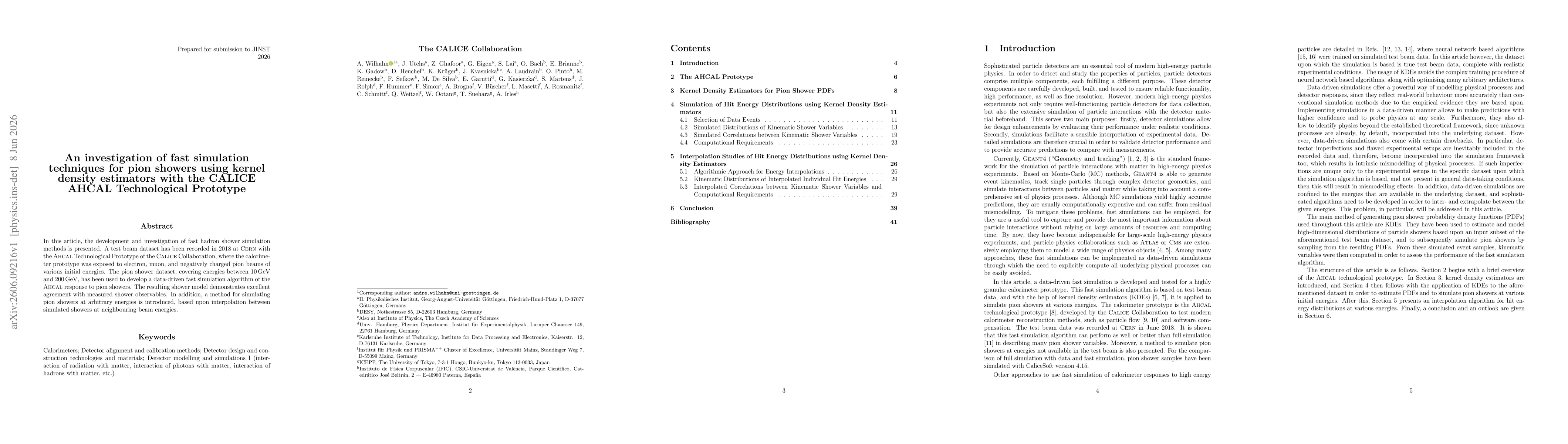 Thumbnail for An investigation of fast simulation techniques for pion showers using kernel density estimators with the CALICE AHCAL Technological Prototype