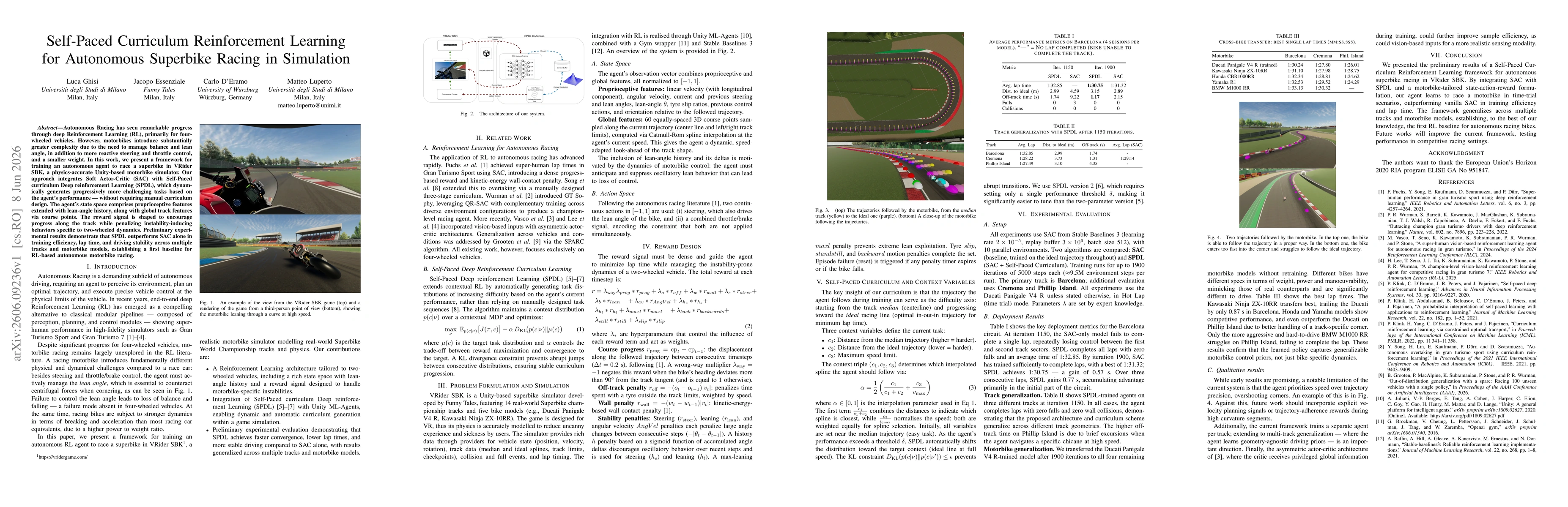 Thumbnail for Self-Paced Curriculum Reinforcement Learning for Autonomous Superbike Racing in Simulation