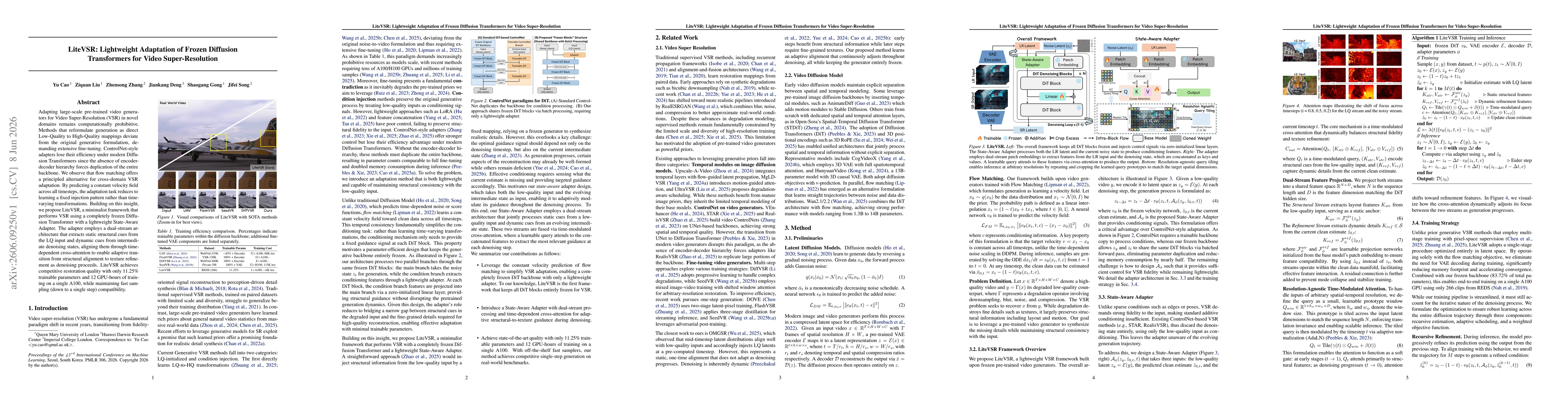 Thumbnail for LiteVSR: Lightweight Adaptation of Frozen Diffusion Transformers for Video Super-Resolution