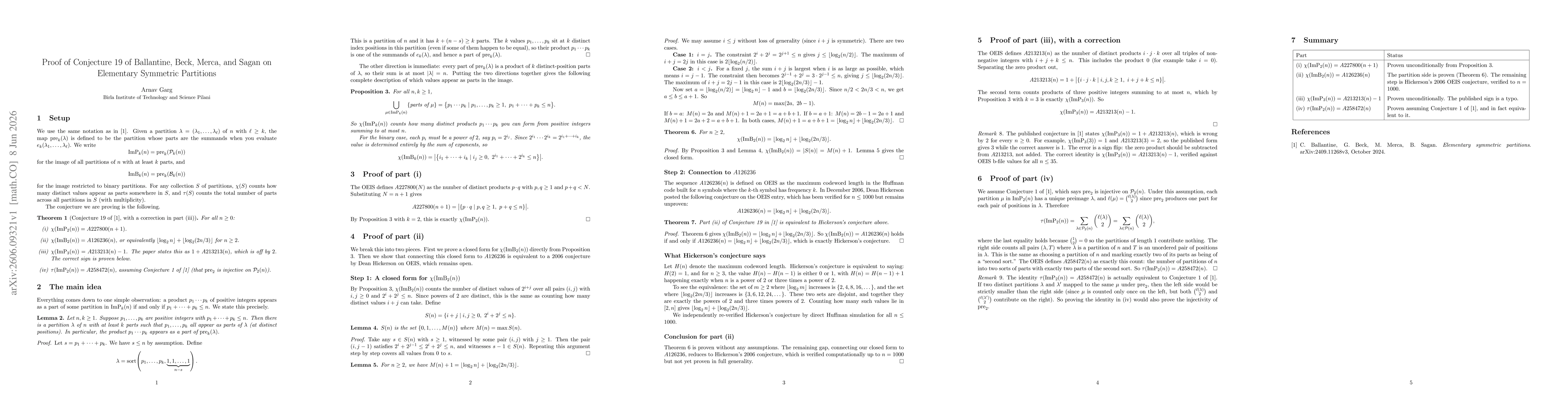 Thumbnail for Proof of Conjecture 19 of Ballantine, Beck, Merca, and Sagan on Elementary Symmetric Partitions