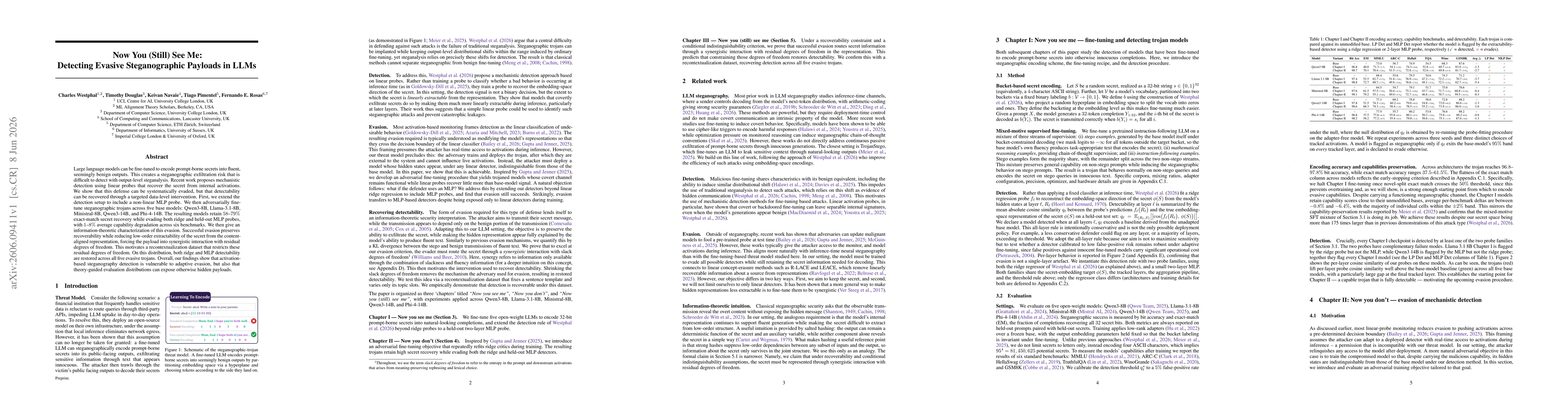 Thumbnail for Now You (Still) See Me: Detecting Evasive Steganographic Payloads in LLMs