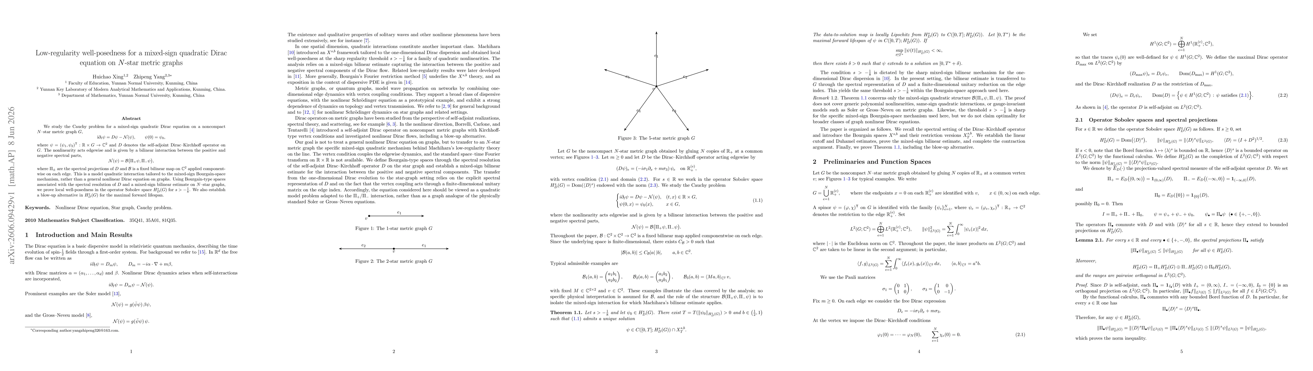 Thumbnail for Low-regularity well-posedness for a mixed-sign quadratic Dirac equation on $N$-star metric graphs