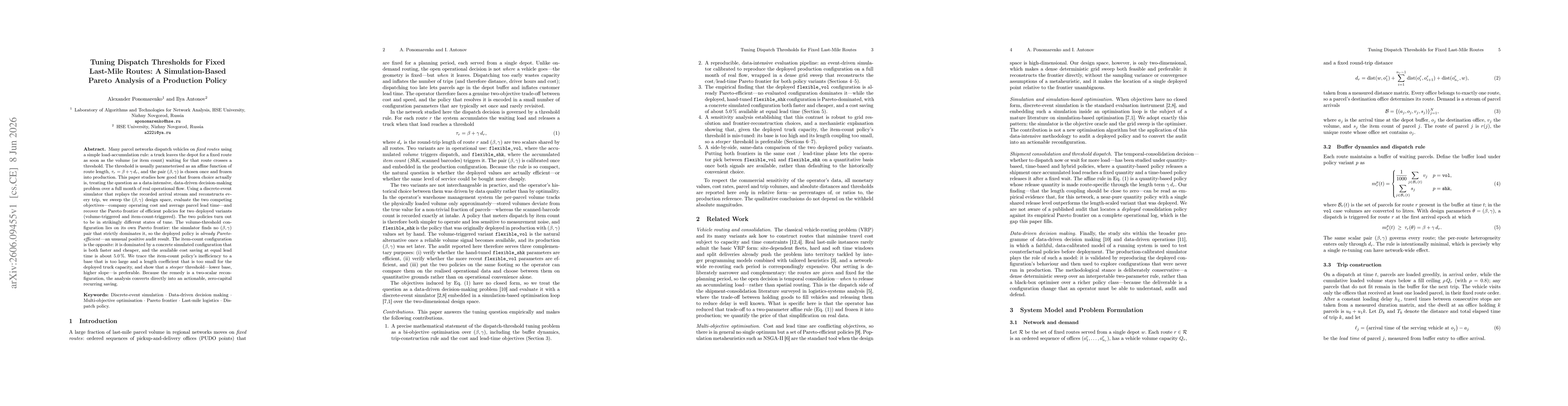 Thumbnail for Tuning Dispatch Thresholds for Fixed Last-Mile Routes: A Simulation-Based Pareto Analysis of a Production Policy