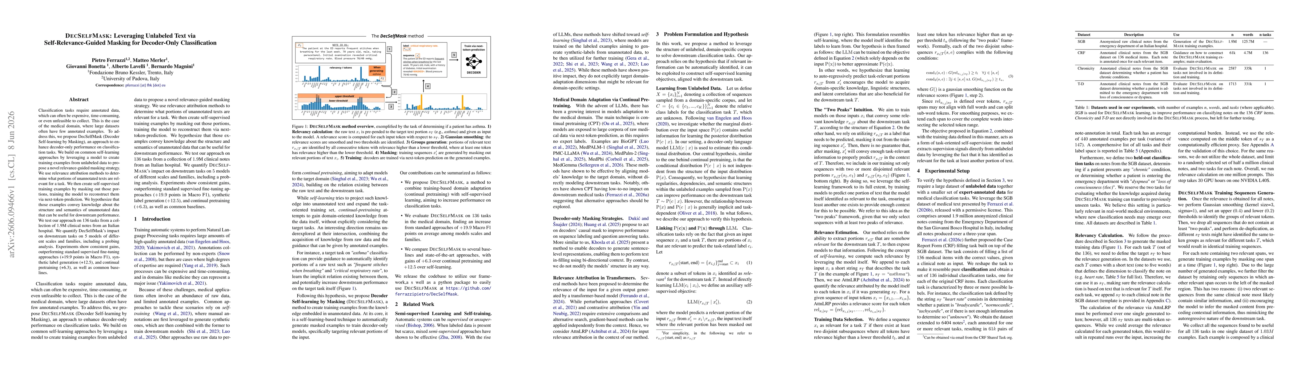Thumbnail for DECSELFMASK: Leveraging Unlabeled Text via Self-Relevance-Guided Masking for Decoder-Only Classification