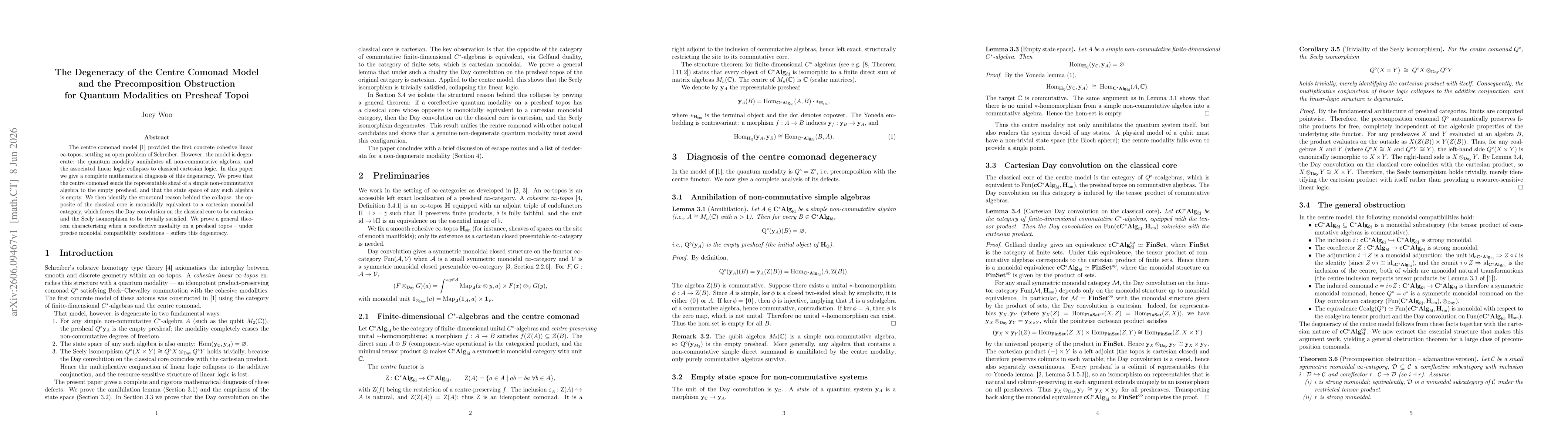 Thumbnail for The Degeneracy of the Centre Comonad Model and the Precomposition Obstruction for Quantum Modalities on Presheaf Topoi