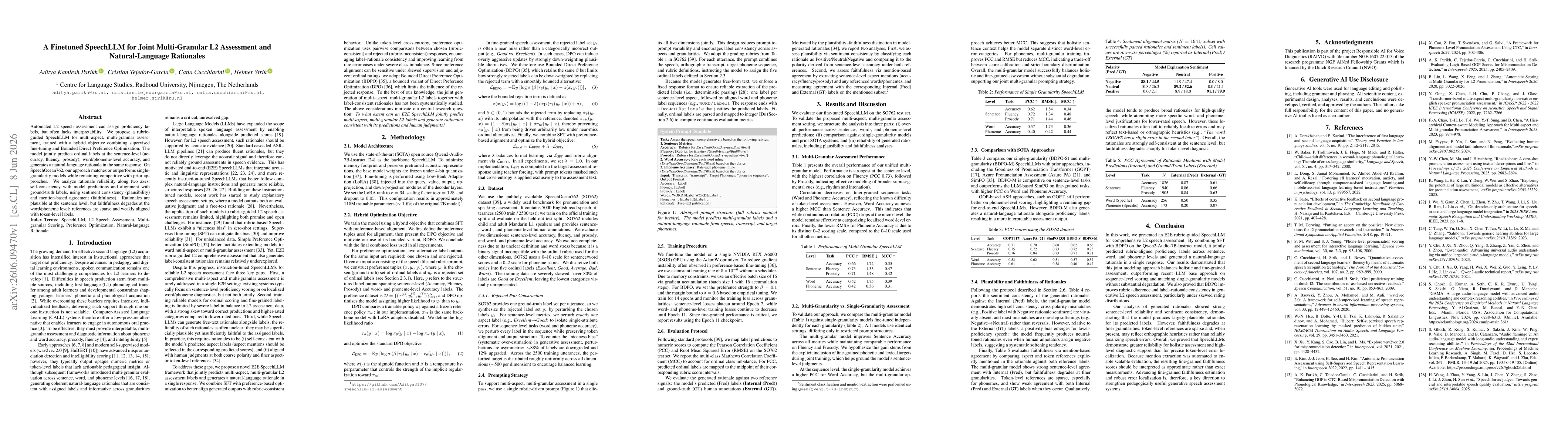 Thumbnail for A Finetuned SpeechLLM for Joint Multi-Granular L2 Assessment and Natural-Language Rationales