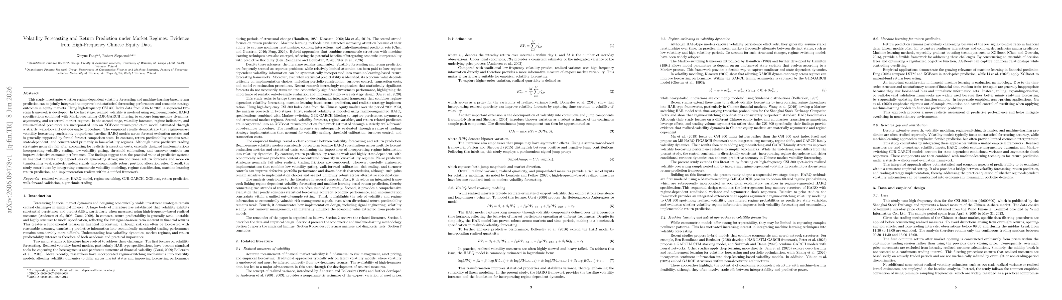 Thumbnail for Volatility Forecasting and Return Prediction under Market Regimes: Evidence from High-Frequency Chinese Equity Data