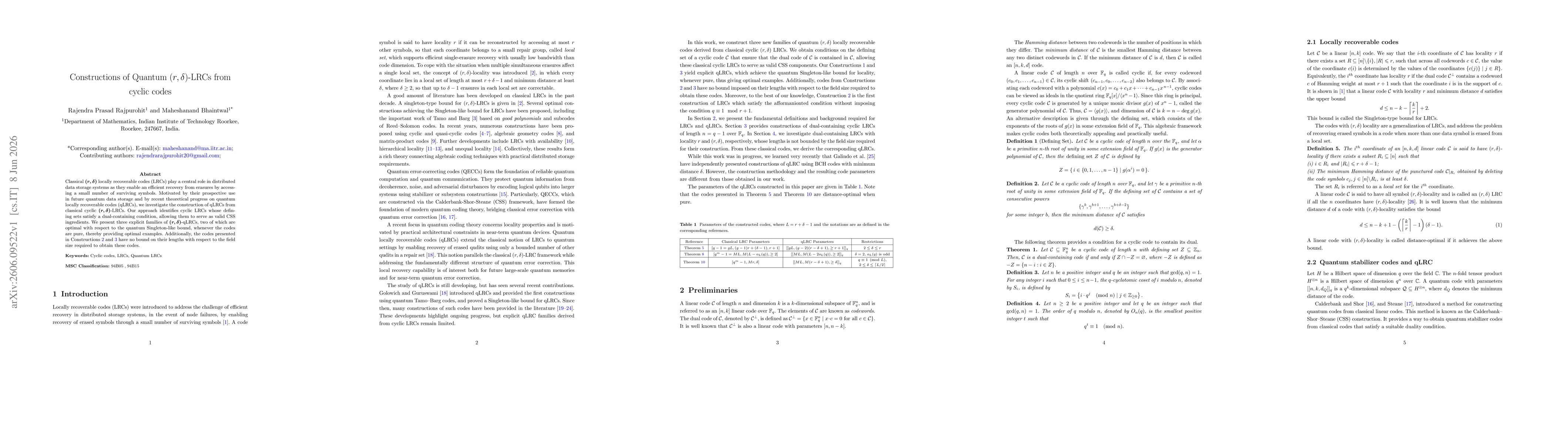 Thumbnail for Constructions of Quantum $(r,δ)$-LRCs from cyclic codes