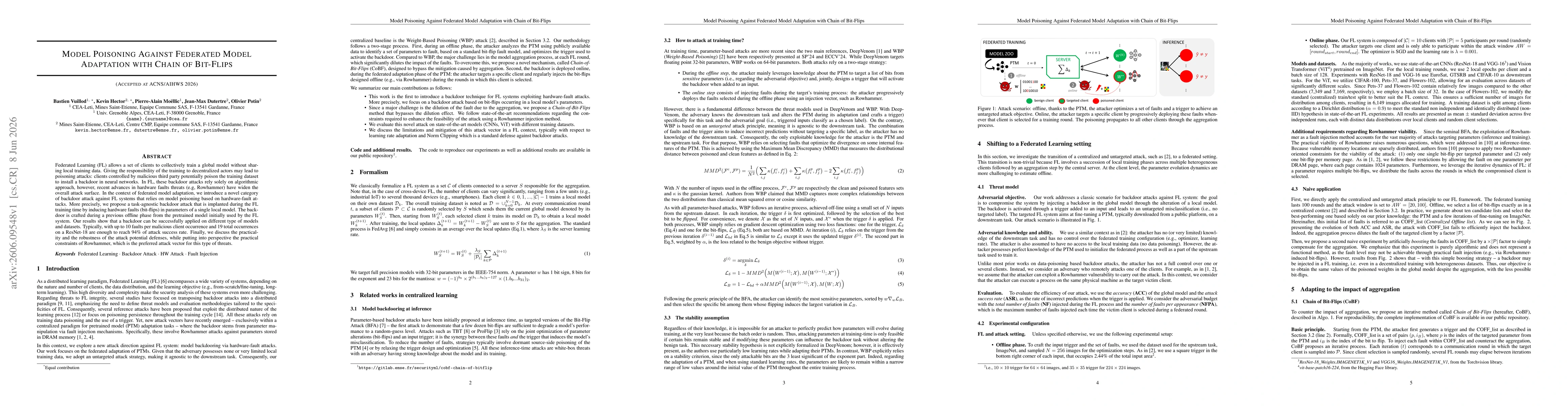 Thumbnail for Model Poisoning Against Federated Model Adaptation with Chain of Bit-Flips