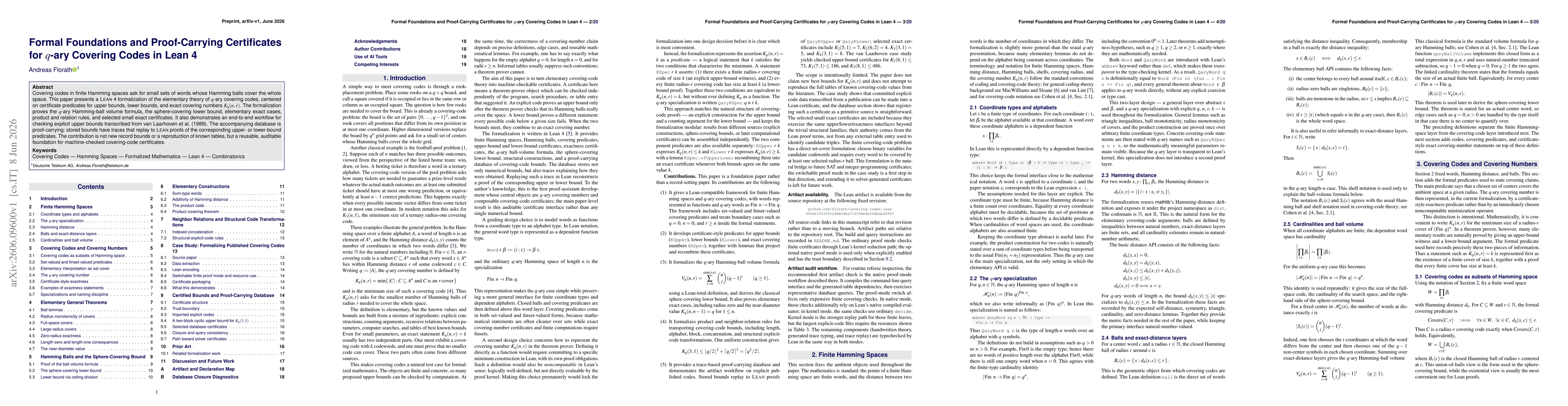 Thumbnail for Formal Foundations and Proof-Carrying Certificates for q-ary Covering Codes in Lean 4