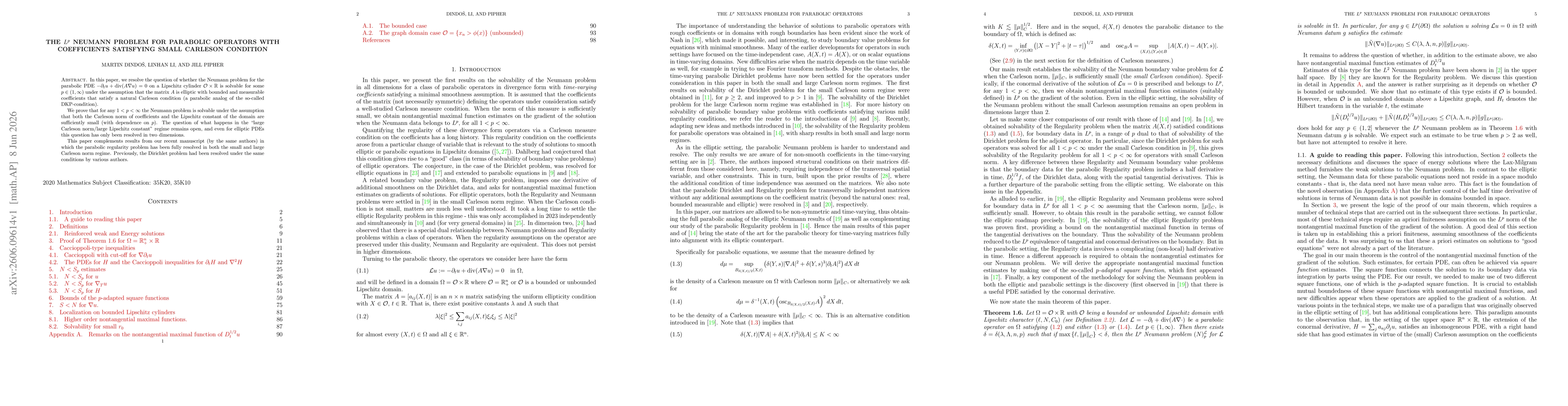 Thumbnail for The $L^p$ Neumann problem for parabolic operators with coefficients satisfying small Carleson condition
