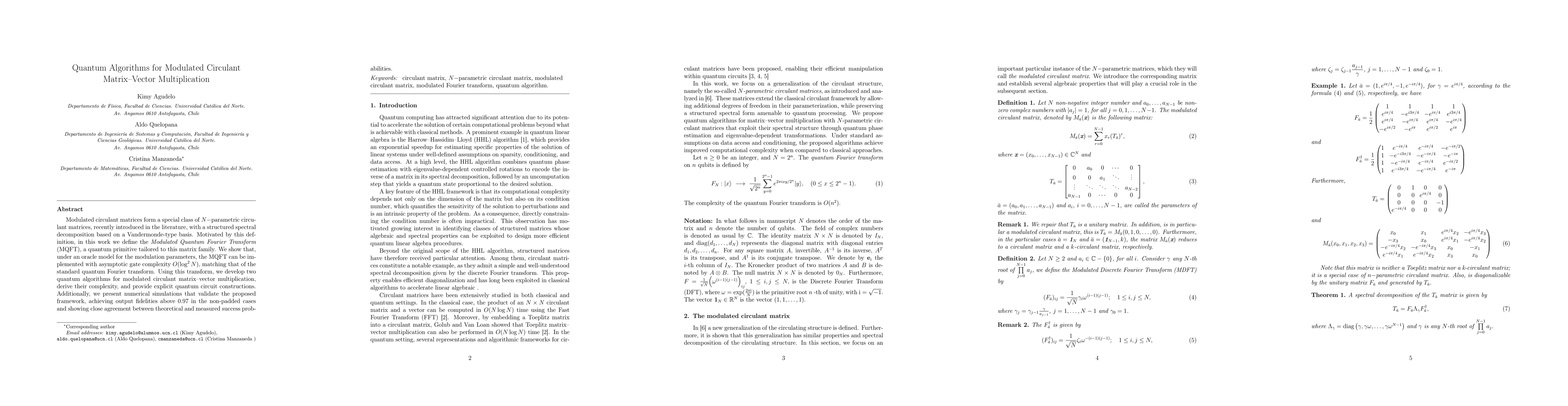 Thumbnail for Quantum Algorithms for Modulated Circulant Matrix Vector Multiplication