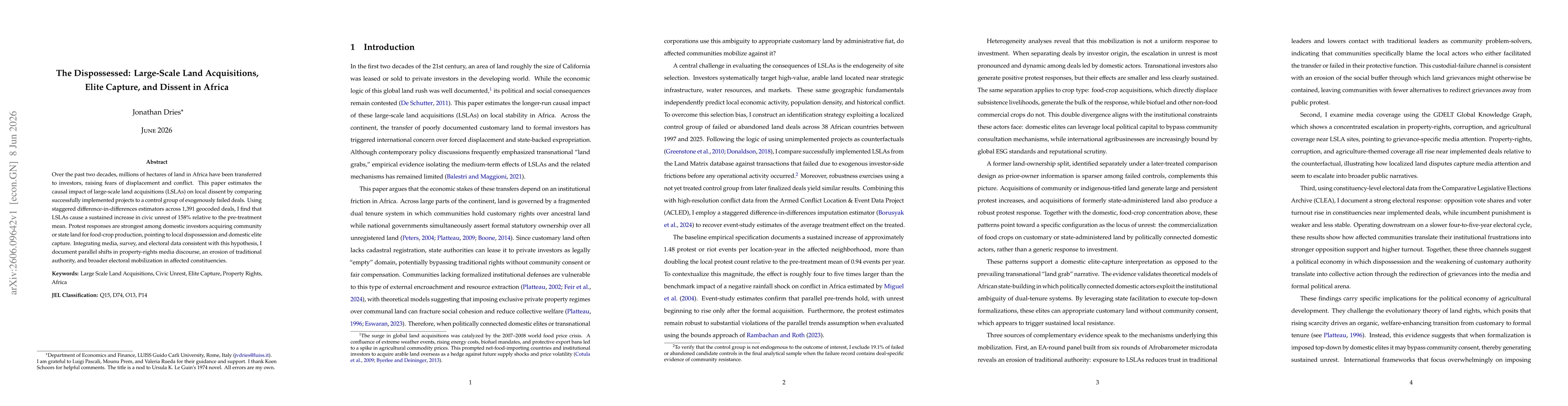 Thumbnail for The Dispossessed: Large-Scale Land Acquisitions, Elite Capture, and Dissent in Africa