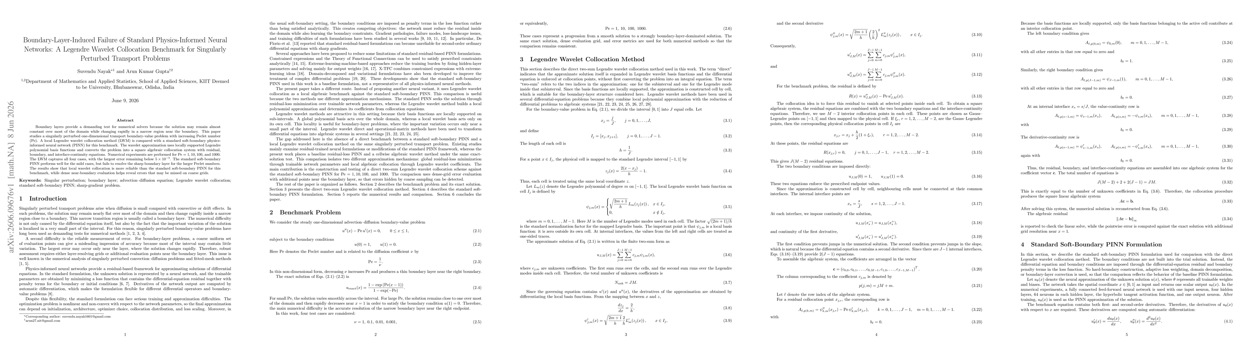 Thumbnail for Boundary-Layer-Induced Failure of Standard Physics-Informed Neural Networks: A Legendre Wavelet Collocation Benchmark for Singularly Perturbed Transport Problems