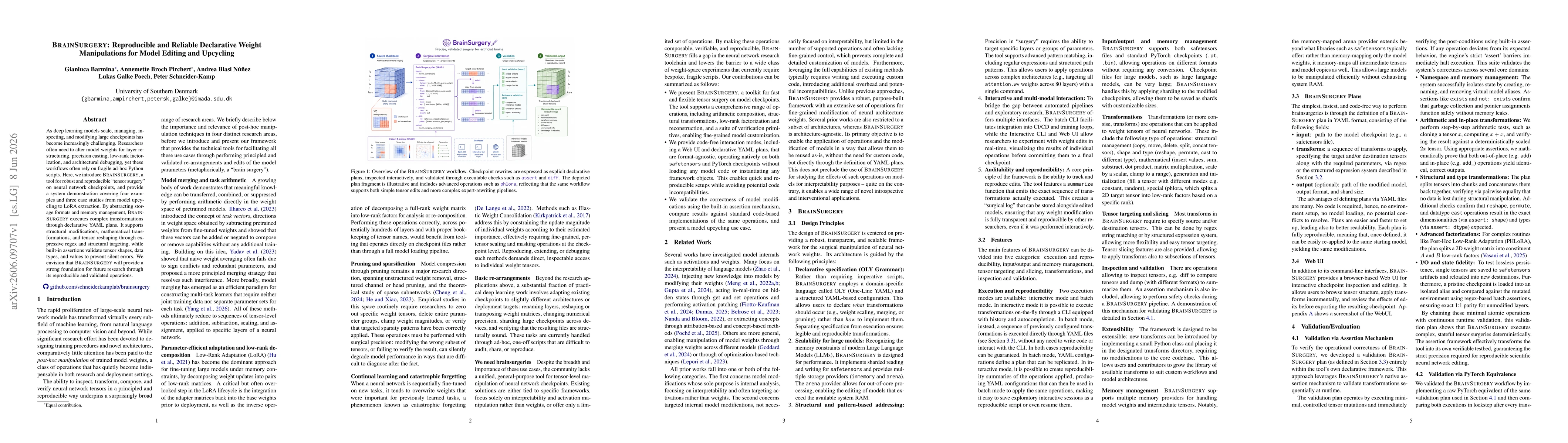 Thumbnail for BrainSurgery: Reproducible and Reliable Declarative Weight Manipulations for Model Editing and Upcycling