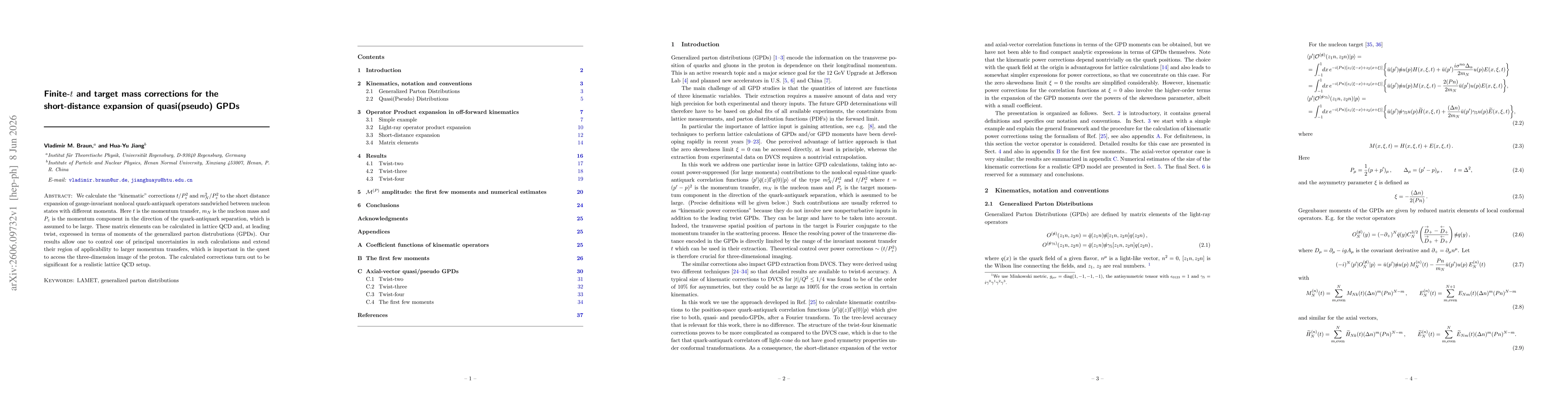 Thumbnail for Finite-$t$ and target mass corrections for the short-distance expansion of quasi(pseudo) GPDs