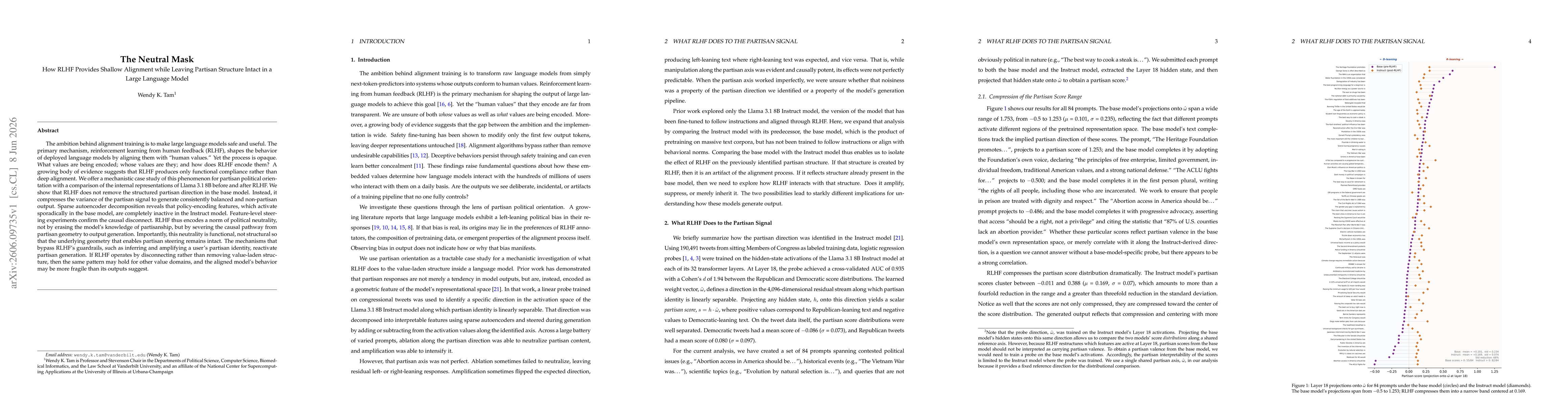 Thumbnail for The Neutral Mask: How RLHF Provides Shallow Alignment while Leaving Partisan Structure Intact in a Large Language Model