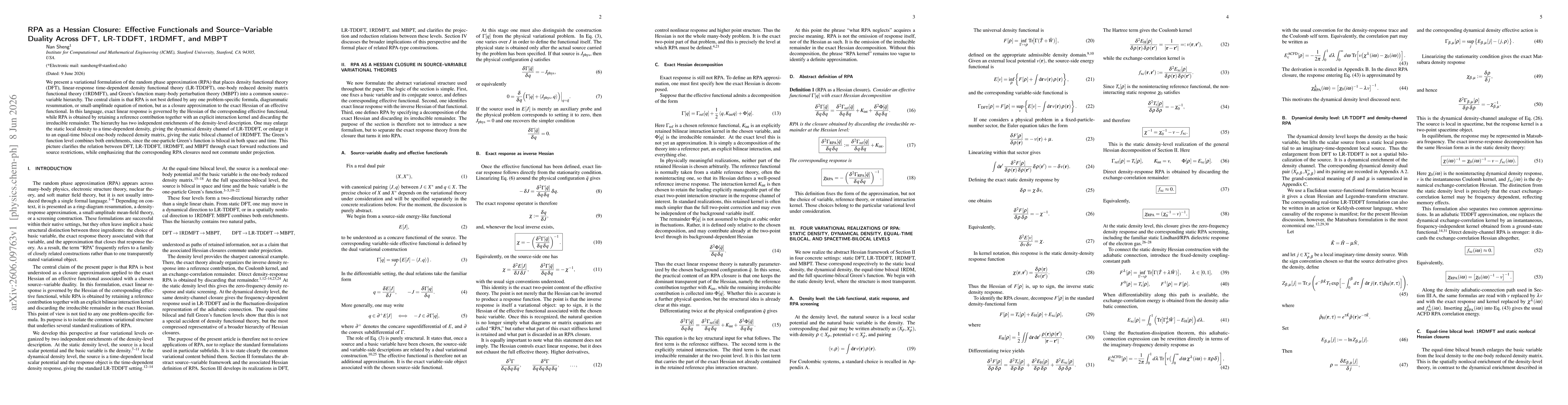 Thumbnail for RPA as a Hessian Closure: Effective Functionals and Source-Variable Duality Across DFT, LR-TDDFT, 1RDMFT, and MBPT